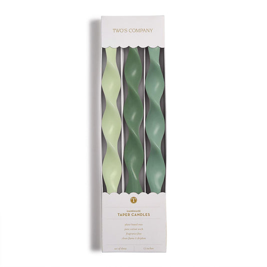Twist and Glow Set of 3 Green Hue 12" Twist Taper Candles in Gift Box