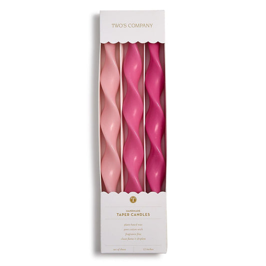 Twist and Glow Set of 3 Pink Hue 12" Twist Taper Candles in Gift Box