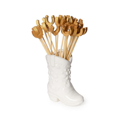 Western Cowboy Boot with 20 Horseshoe Cocktail Picks in Gift Box
