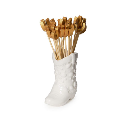 Western Cowboy Boot with 20 Horseshoe Cocktail Picks in Gift Box