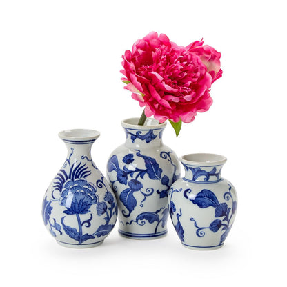 Blue Willow Hand-Painted Blue and White Floral Chinoiserie Vases