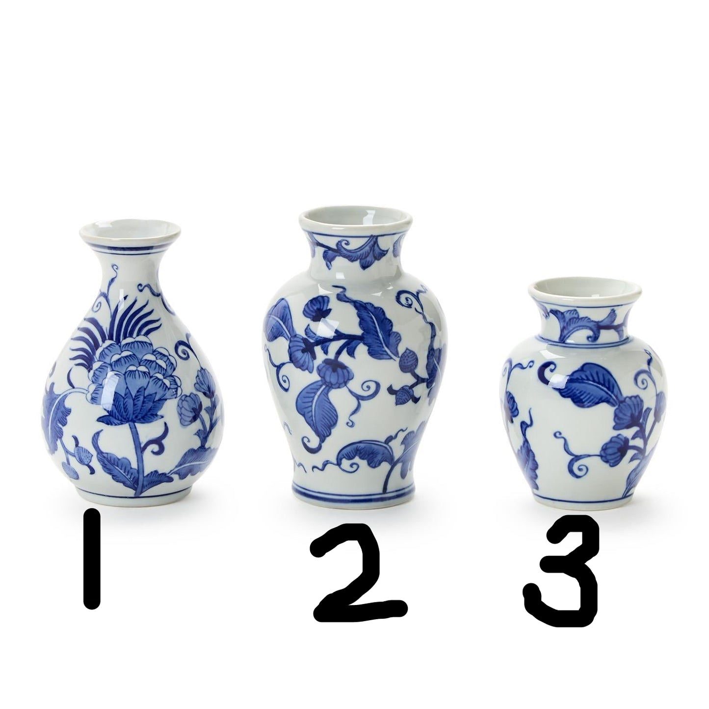 Blue Willow Hand-Painted Blue and White Floral Chinoiserie Vases