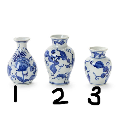 Blue Willow Hand-Painted Blue and White Floral Chinoiserie Vases