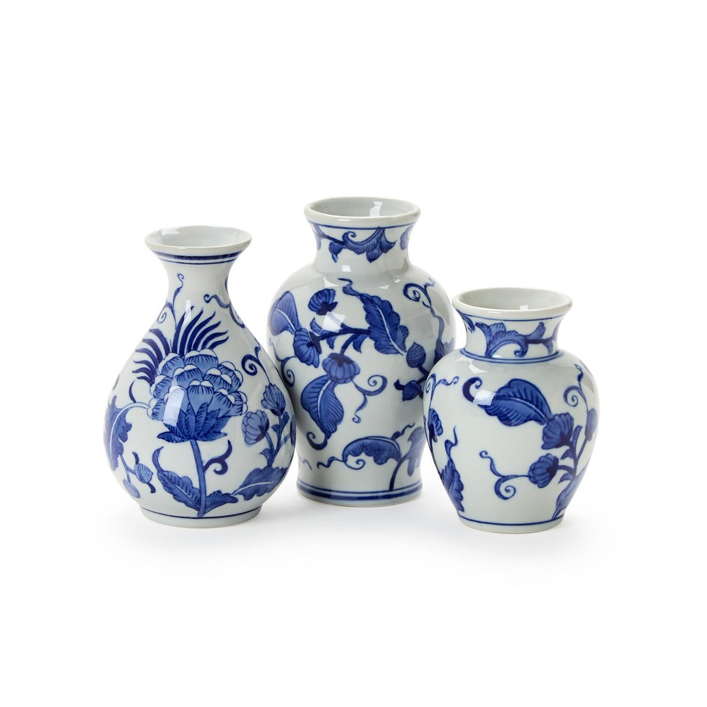 Blue Willow Hand-Painted Blue and White Floral Chinoiserie Vases