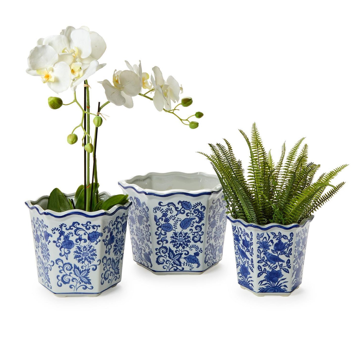 Blue Willow Hand-Painted Chinoiserie Blue and White Floral Hexagon Shape Planters