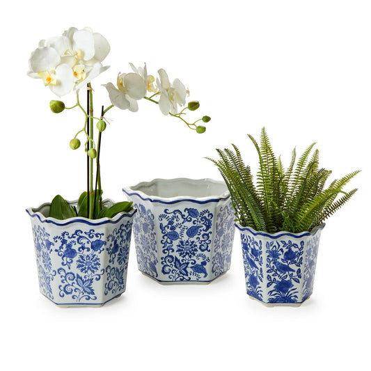 Blue Willow Hand-Painted Chinoiserie Blue and White Floral Hexagon Shape Planters