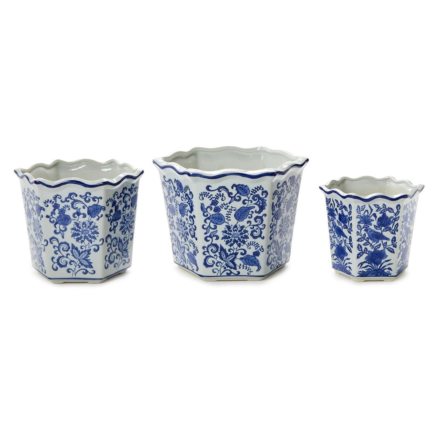 Blue Willow Hand-Painted Chinoiserie Blue and White Floral Hexagon Shape Planters
