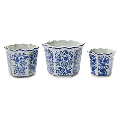 Blue Willow Hand-Painted Chinoiserie Blue and White Floral Hexagon Shape Planters