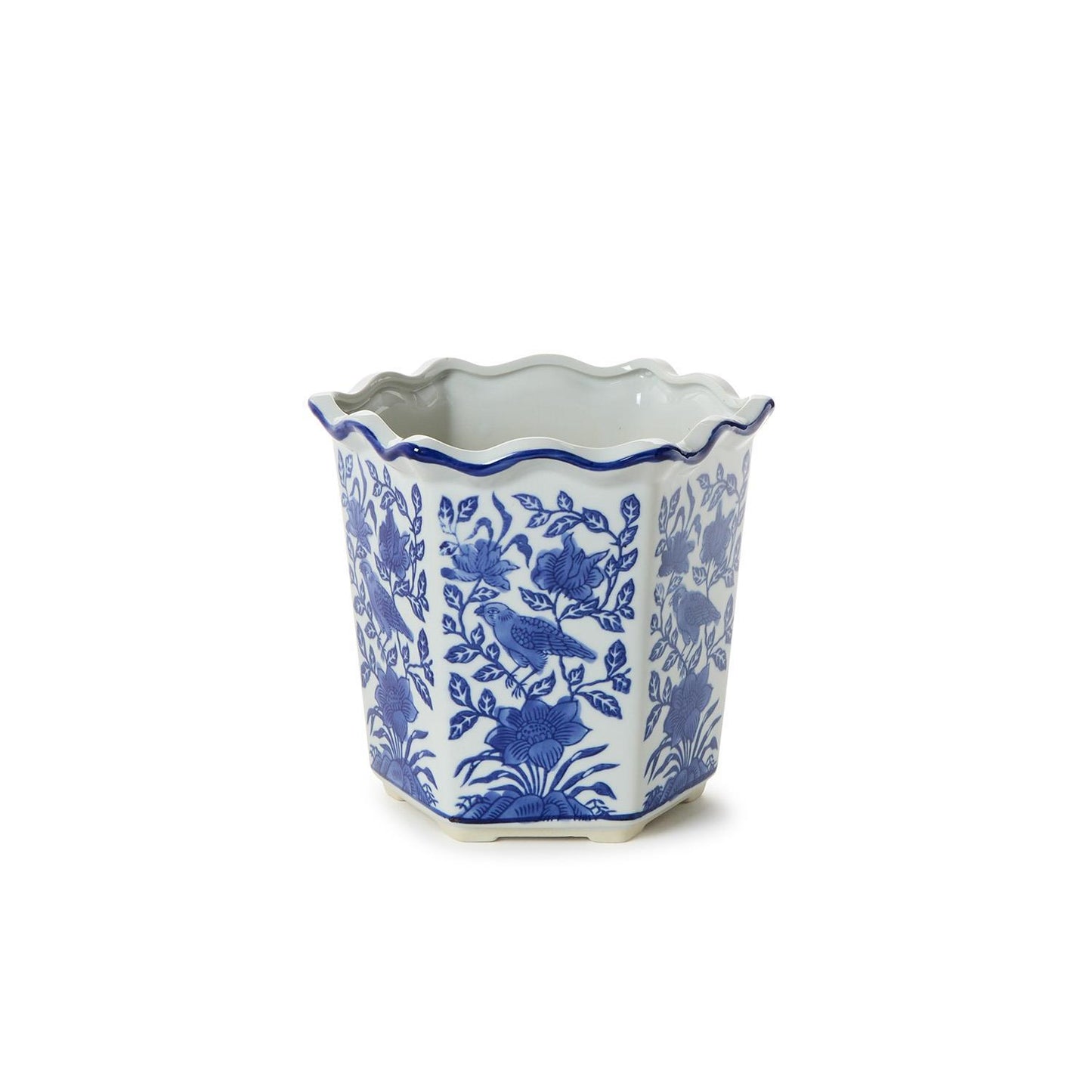 Blue Willow Hand-Painted Chinoiserie Blue and White Floral Hexagon Shape Planters
