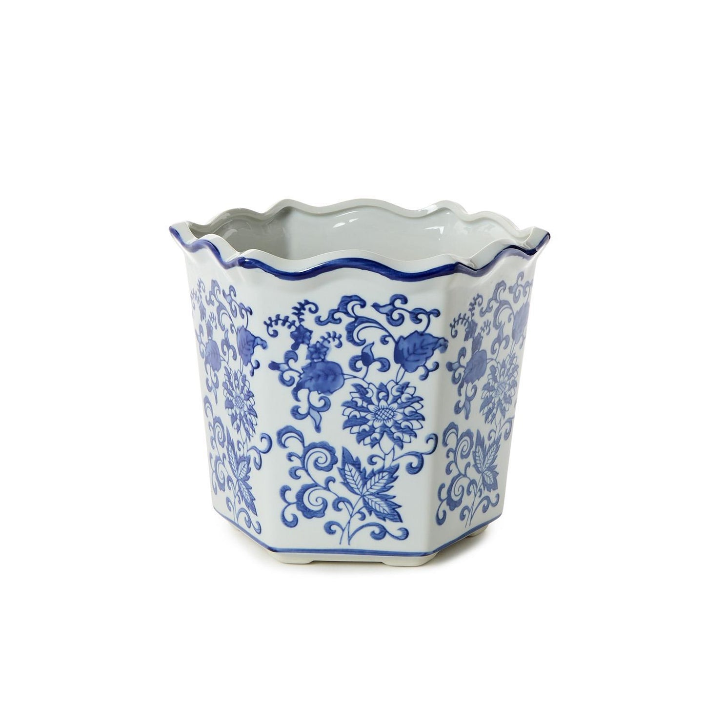 Blue Willow Hand-Painted Chinoiserie Blue and White Floral Hexagon Shape Planters