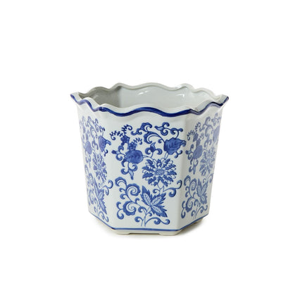 Blue Willow Hand-Painted Chinoiserie Blue and White Floral Hexagon Shape Planters
