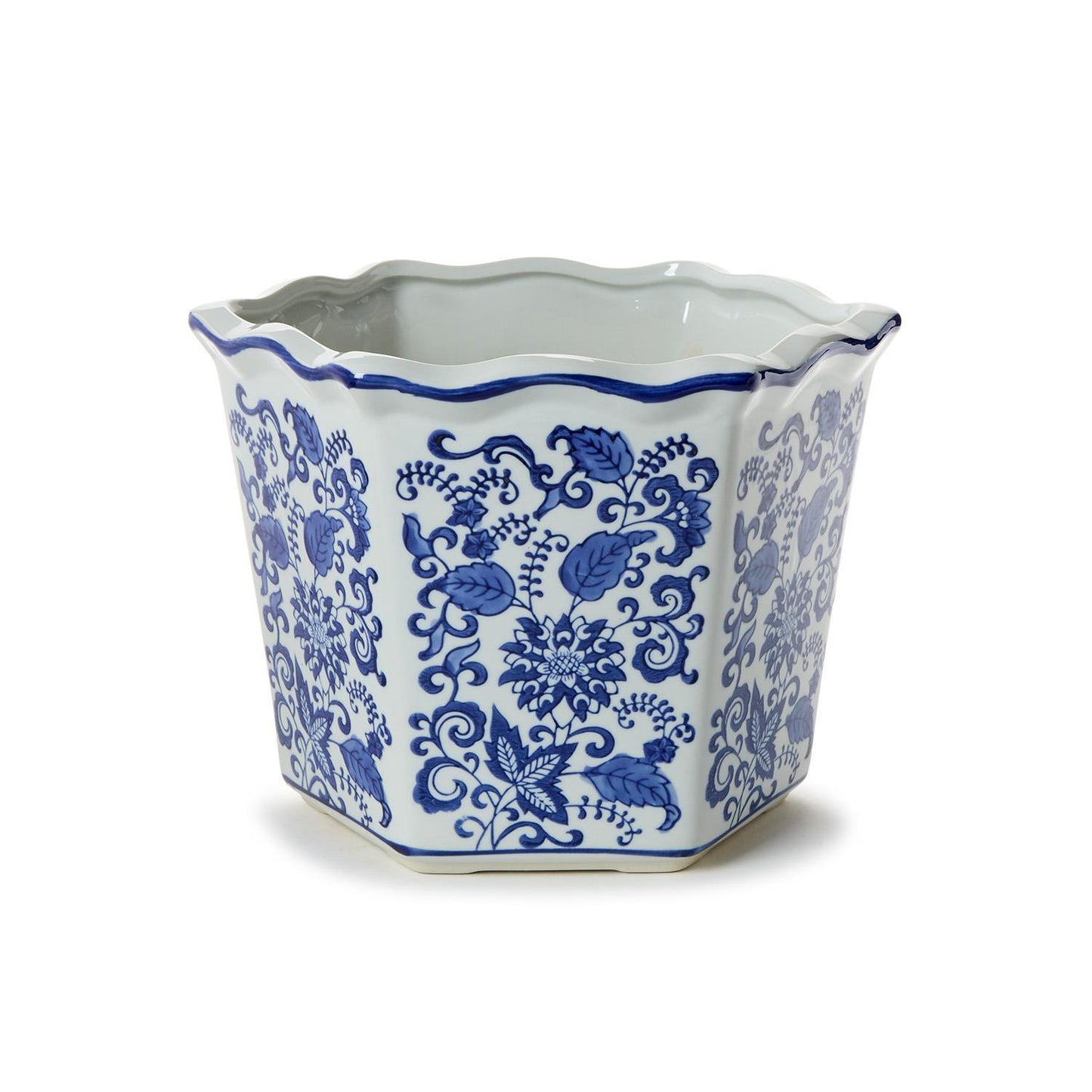 Blue Willow Hand-Painted Chinoiserie Blue and White Floral Hexagon Shape Planters