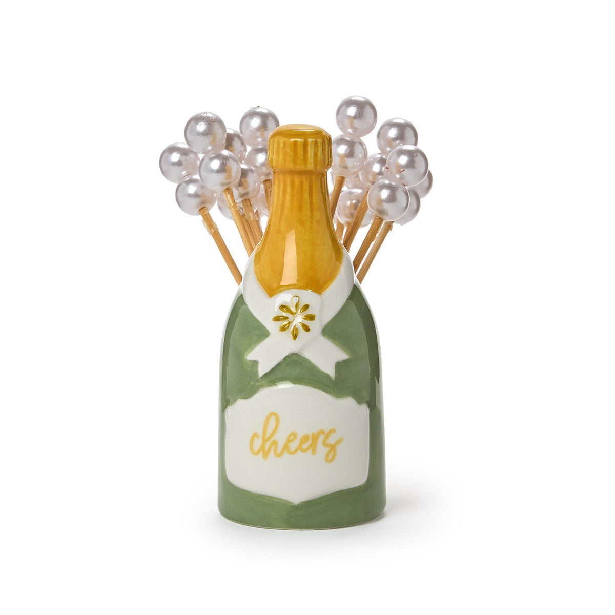 Ceramic champagne bottle cocktail pick holder with pearl-topped picks