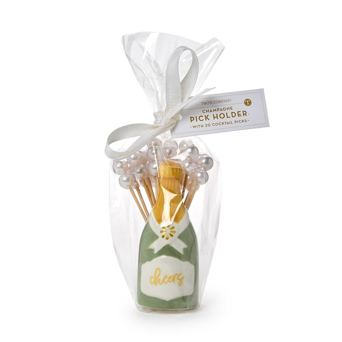 Champagne bottle pick holder packaged with ribbon and hang tag