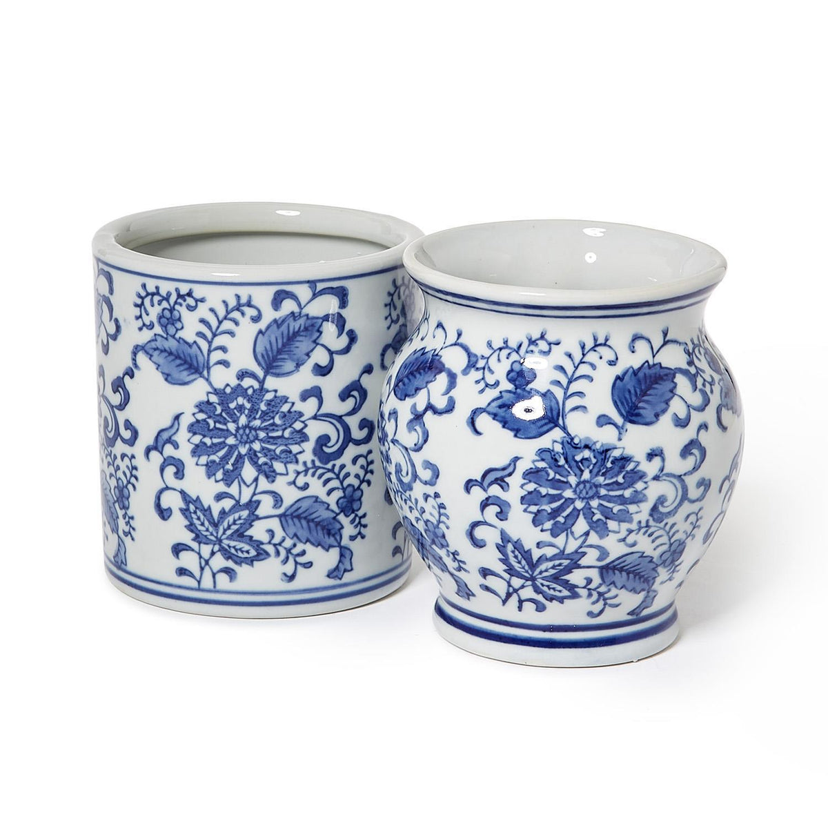 Close-up of hand-painted blue floral chinoiserie pattern