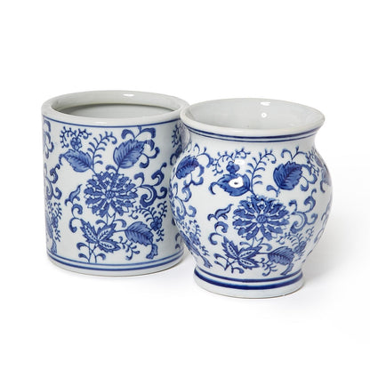 Close-up of hand-painted blue floral chinoiserie pattern