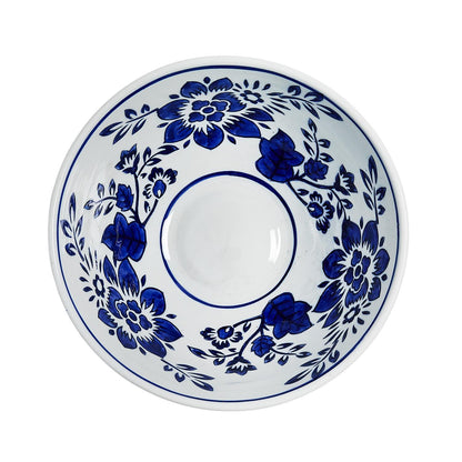 Blue and white chinoiserie decorative bowl styled as a centerpiece