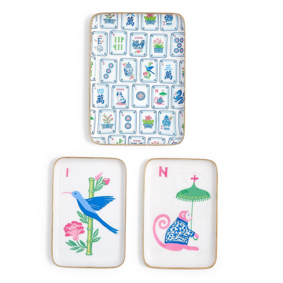 Three mahjong tile trinket trays: tile pattern, hummingbird and monkey with parasol