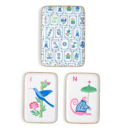 Three mahjong tile trinket trays: tile pattern, hummingbird and monkey with parasol