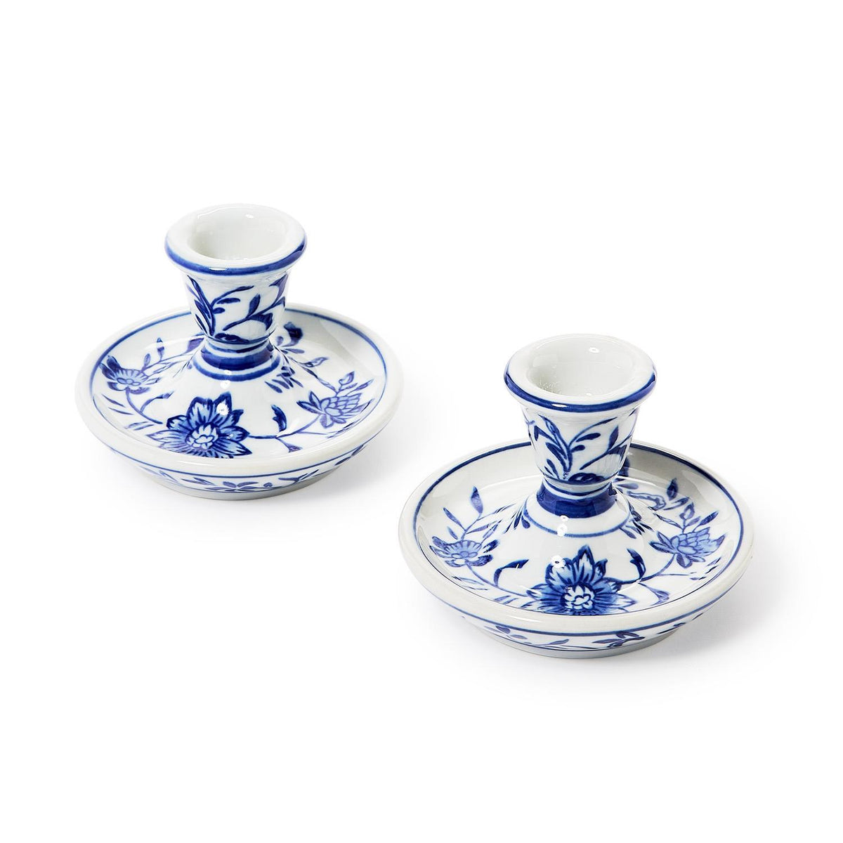 Top view of blue and white chinoiserie candleholders
