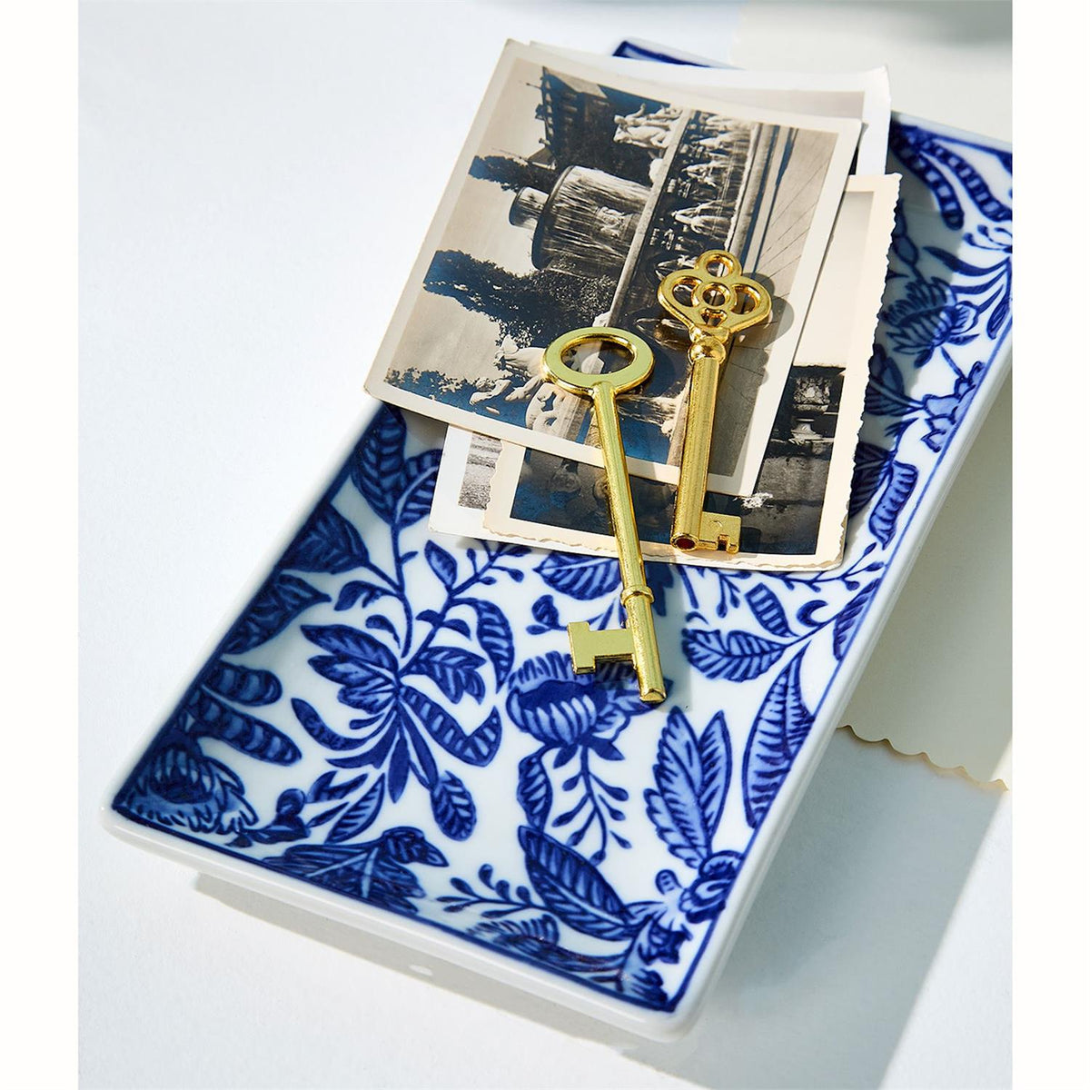 Rectangle chinoiserie tray with gold keys and vintage photos