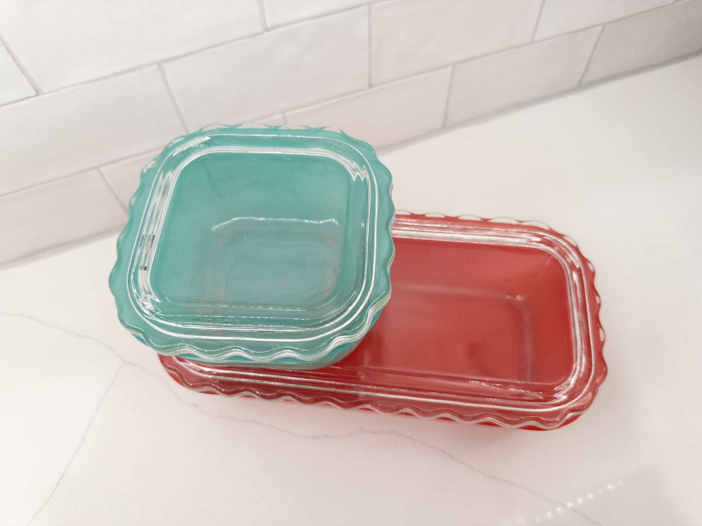 S/2, Vintage Jeannette Refrigerator Dishes w/ Ruffed Rims