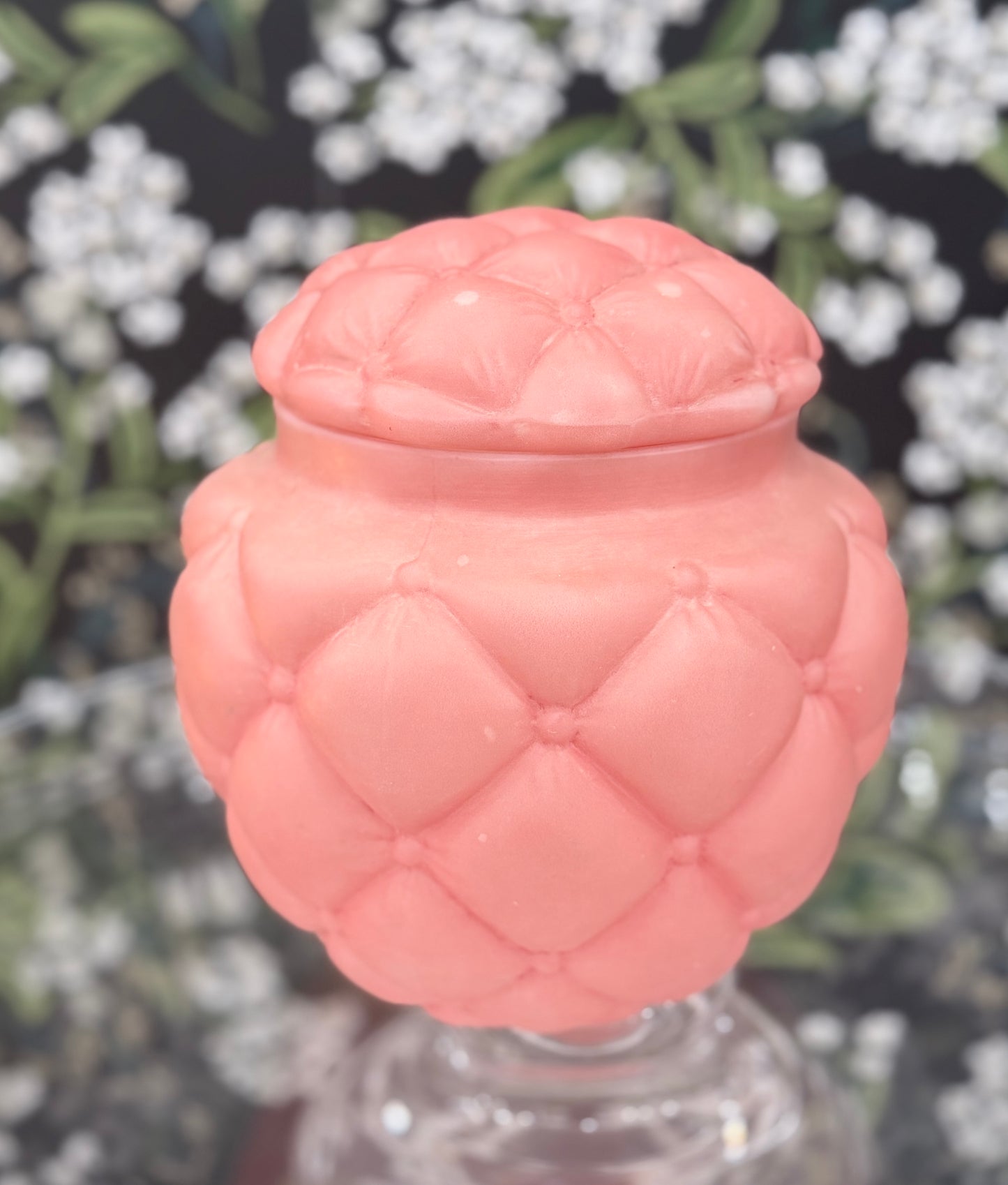 Vintage Consolidated Glass Florette Quilted Satin Pink Biscuit Jar w/ Lid