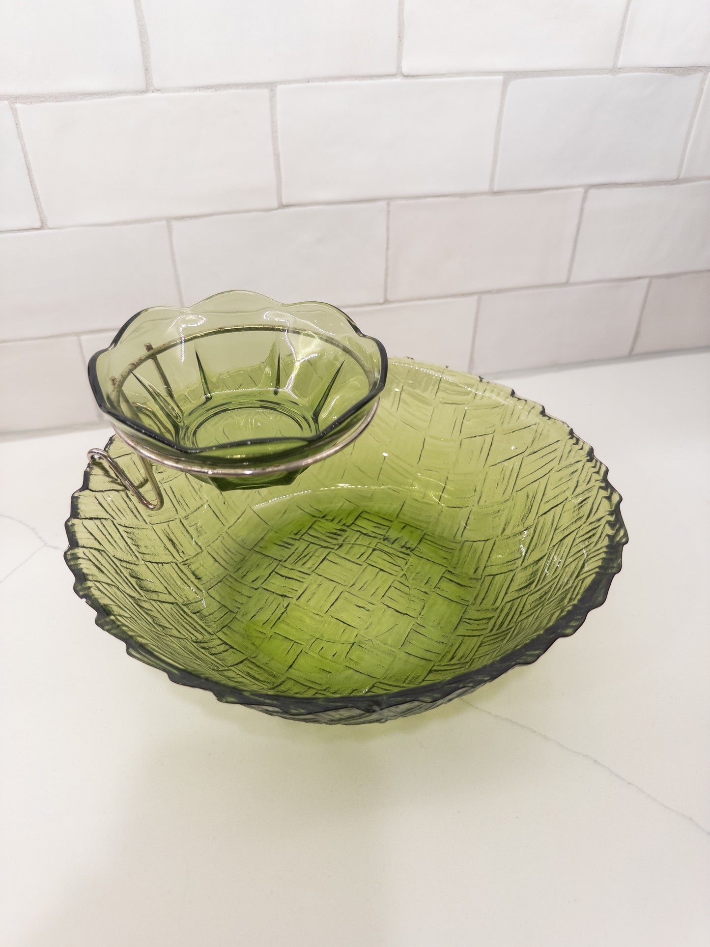 Vintage Indiana Avocado Green Basketweave Chip and Dip Set