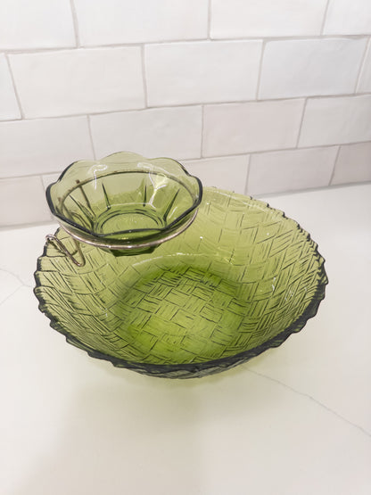 Vintage Indiana Avocado Green Basketweave Chip and Dip Set