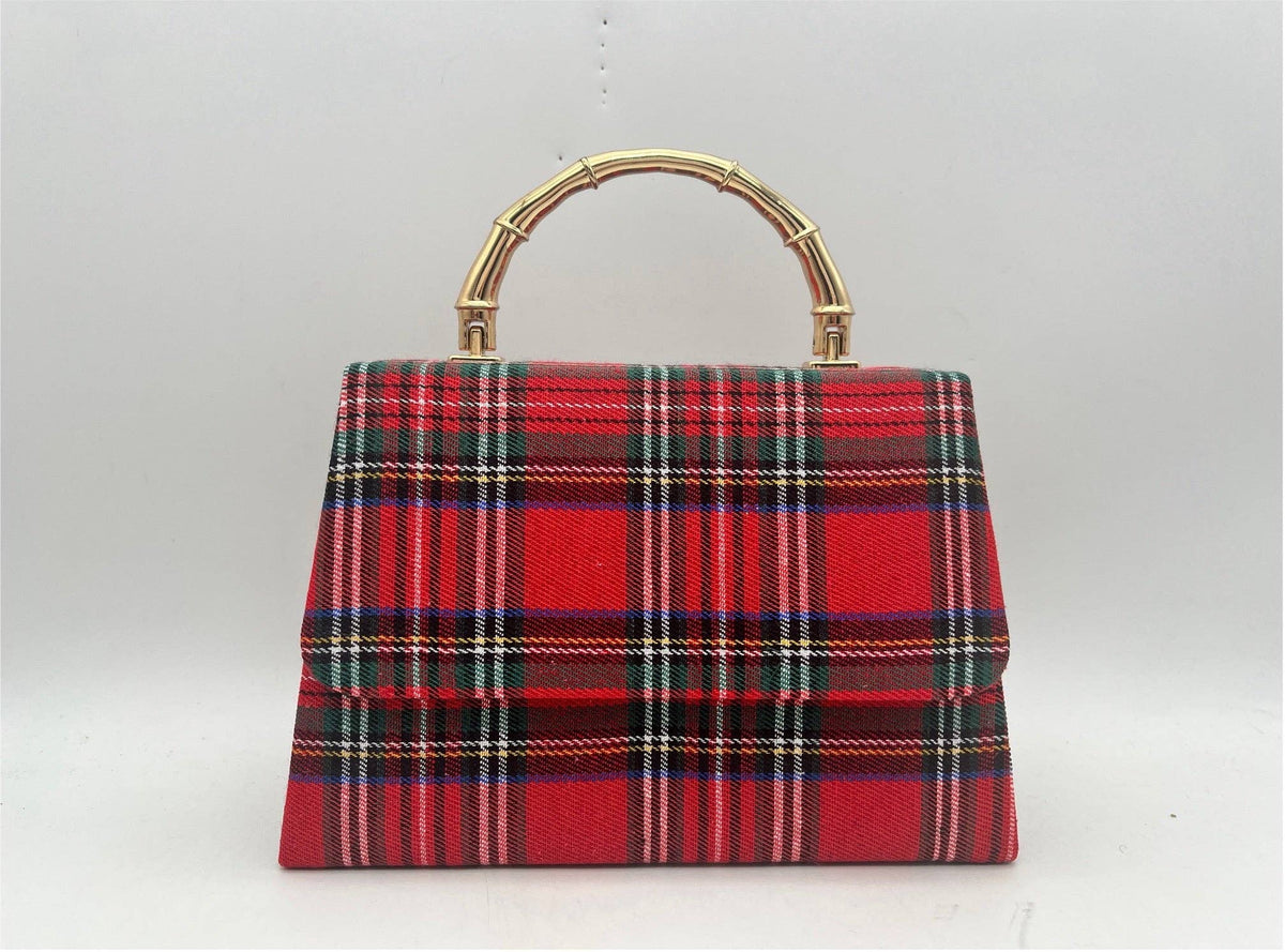 Red Plaid Lulu with Gold Bamboo Handle, Gold Charms