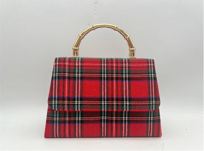 Red Plaid Lulu with Gold Bamboo Handle, Gold Charms