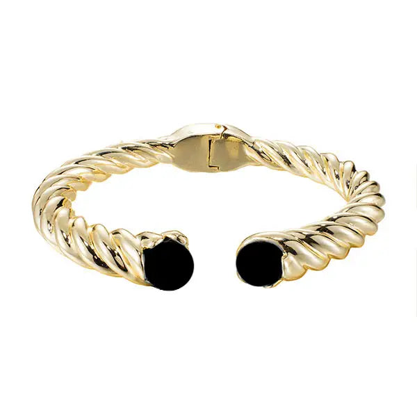 Gold Onyx Pearl End Bangle Bracelet