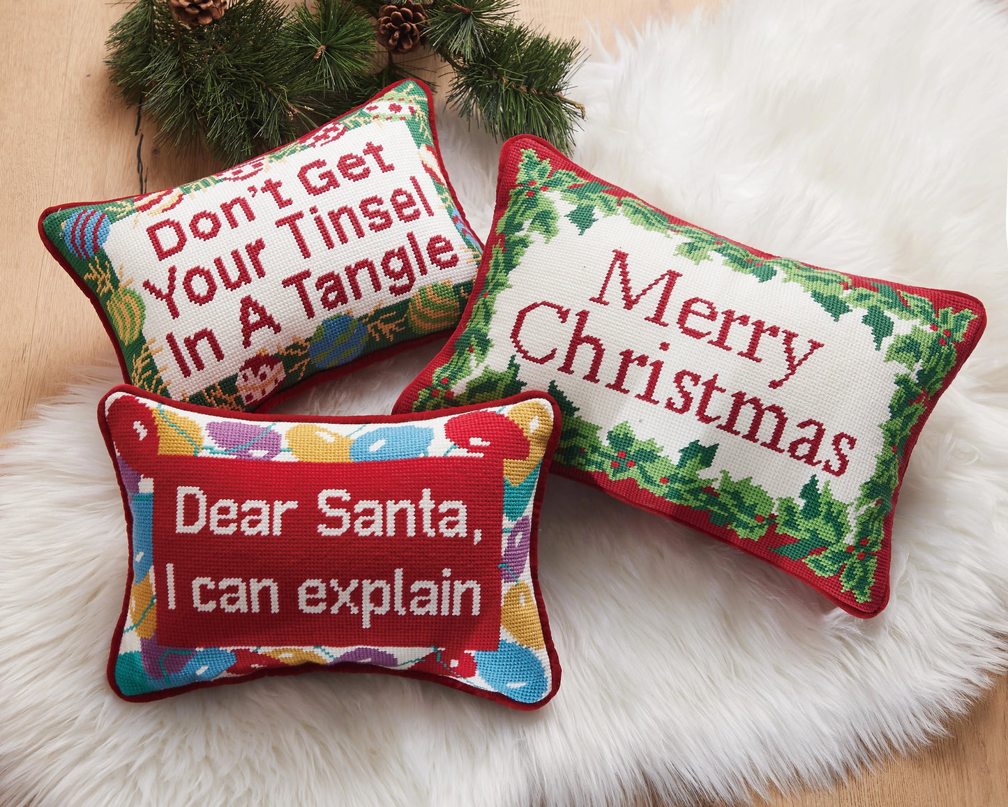 Naughty New Nice Embroidered Needlepoint Pillow