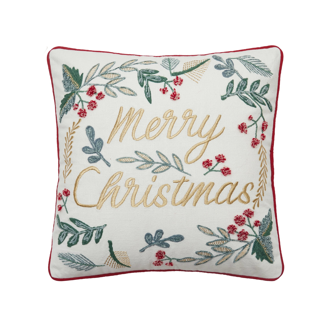 Festive Greenery Merry Christmas Embroidered Pillow