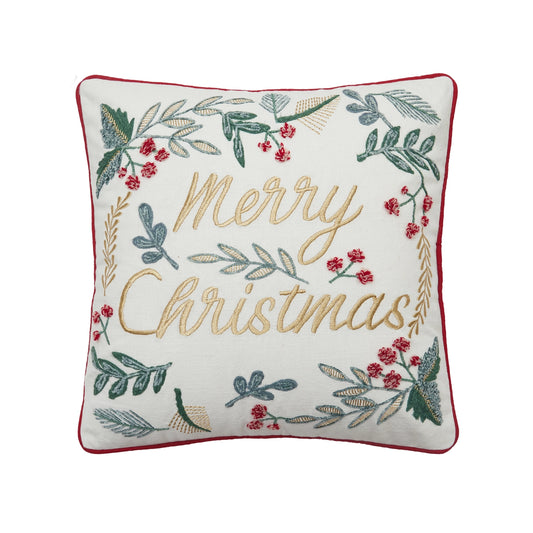 Festive Greenery Merry Christmas Embroidered Pillow