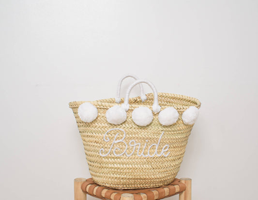 'Bride' Straw Tote with Pom-Poms for Weddings