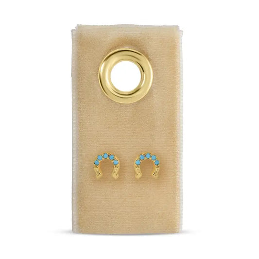 Gold/Light Blue Horseshoe Studs On Velvet Tag