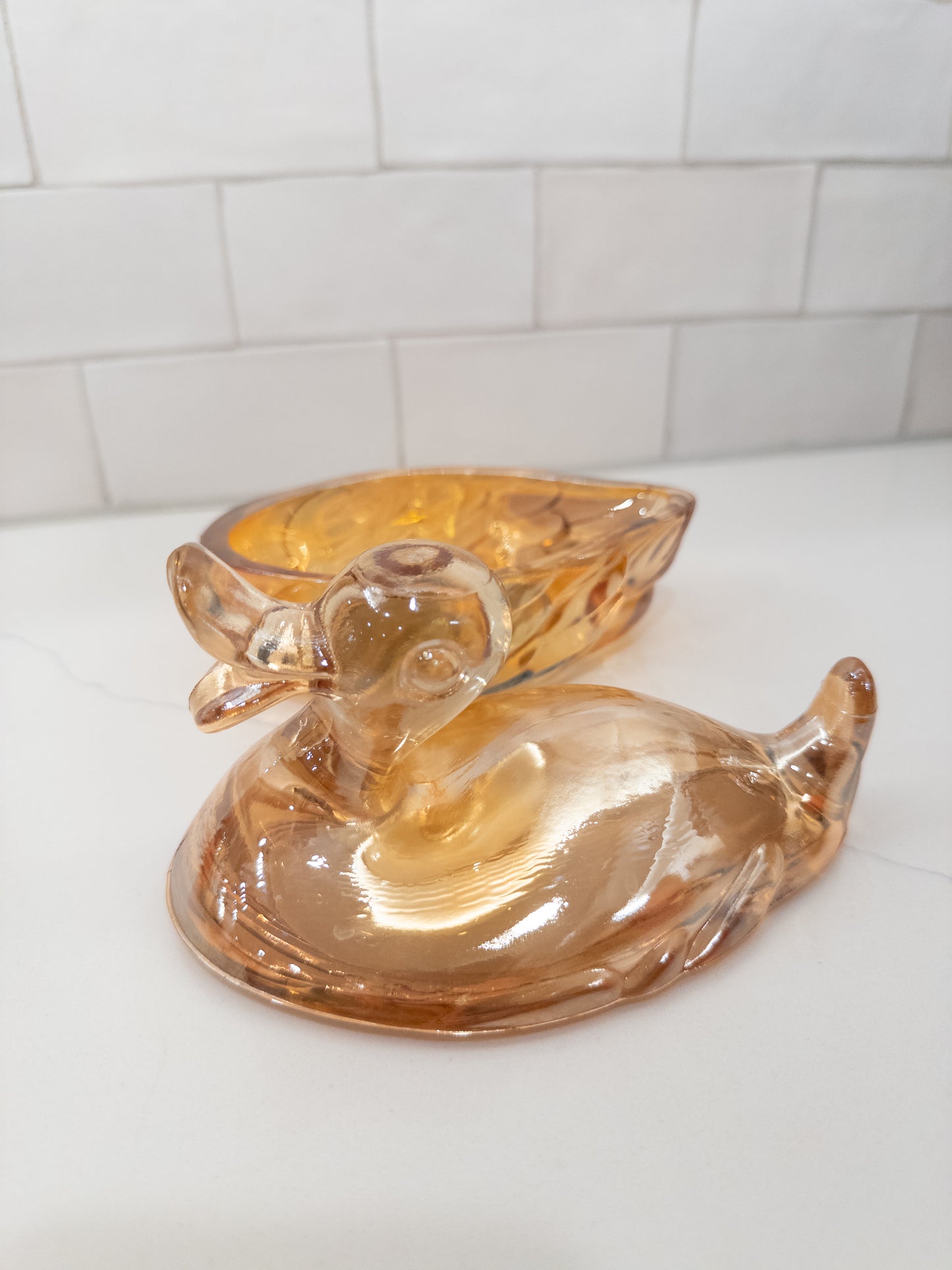 Vintage Marigold Carnival Glass Duck Lidded Candy Dish