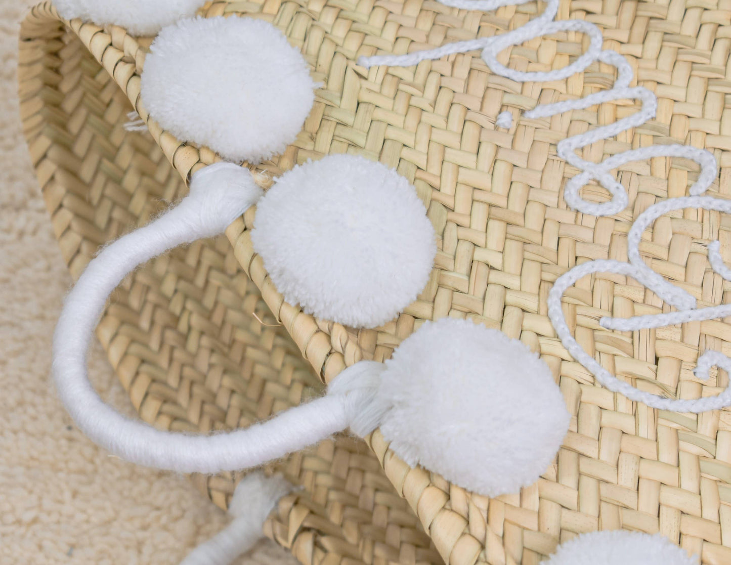 'Bride' Straw Tote with Pom-Poms for Weddings