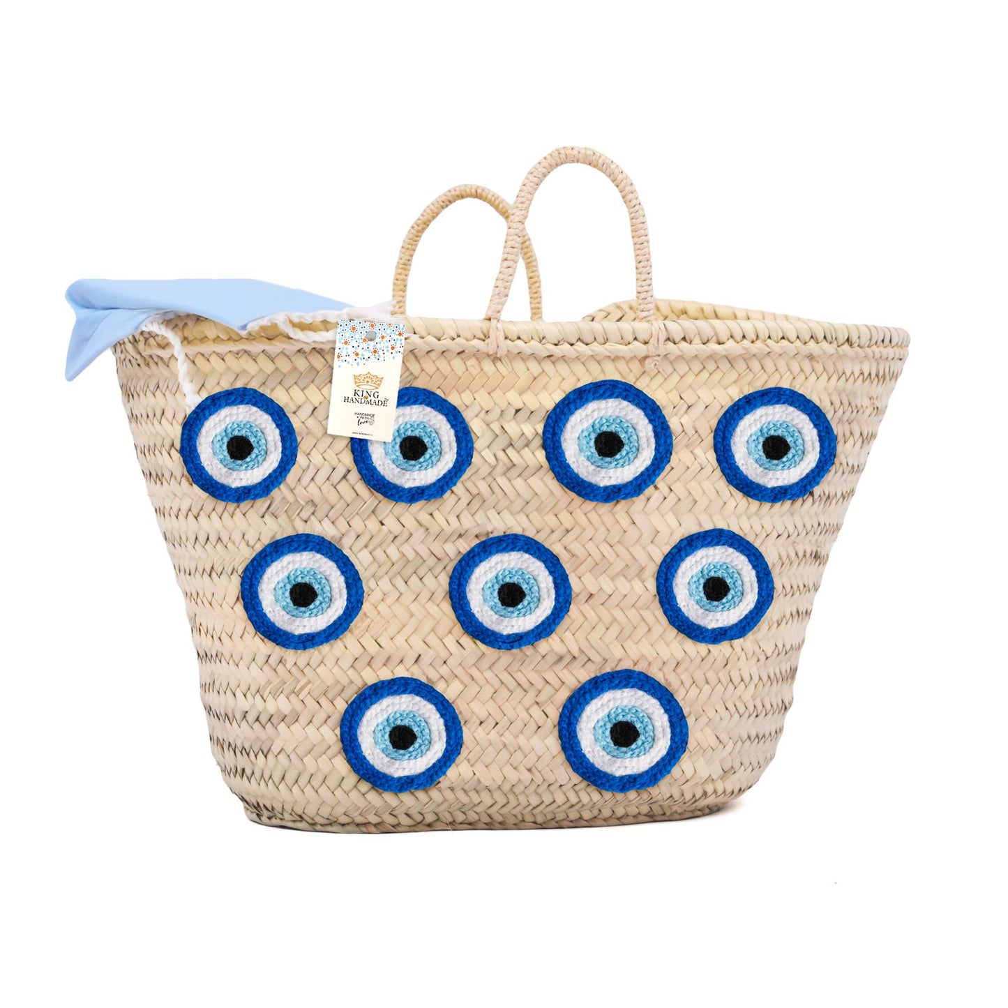 Handmade Moroccan Basket with Blue Evil Eyes