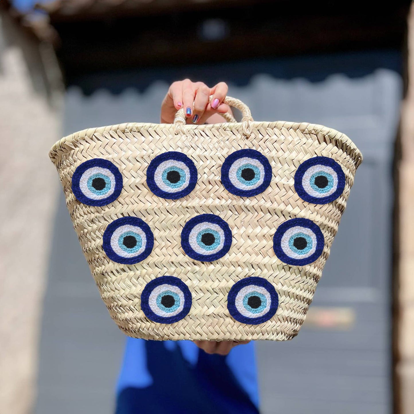 Handmade Moroccan Basket with Blue Evil Eyes
