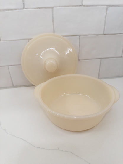 Vintage Fire King Ivory Philbe Glass Lidded Casserole Dish
