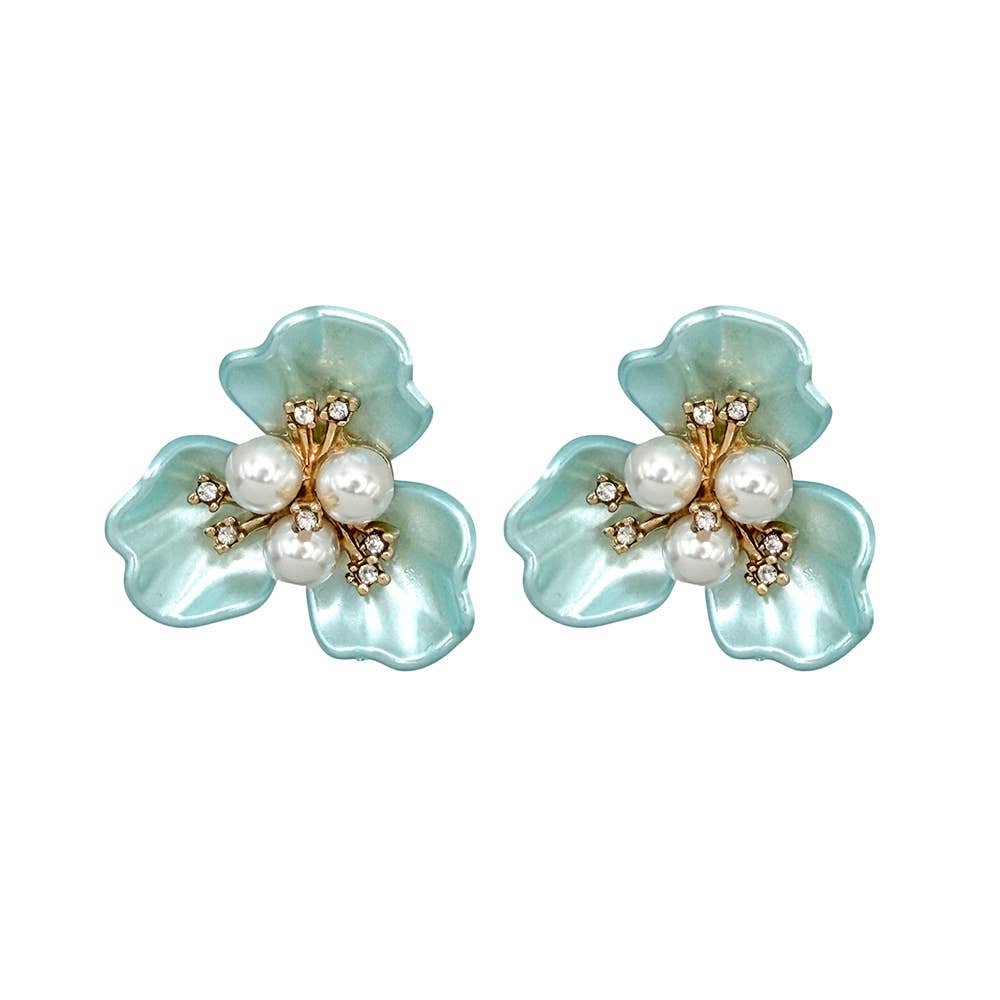 Fornash Gardenia Earrings in aqua - sea glass blue pearl petal flower earrings