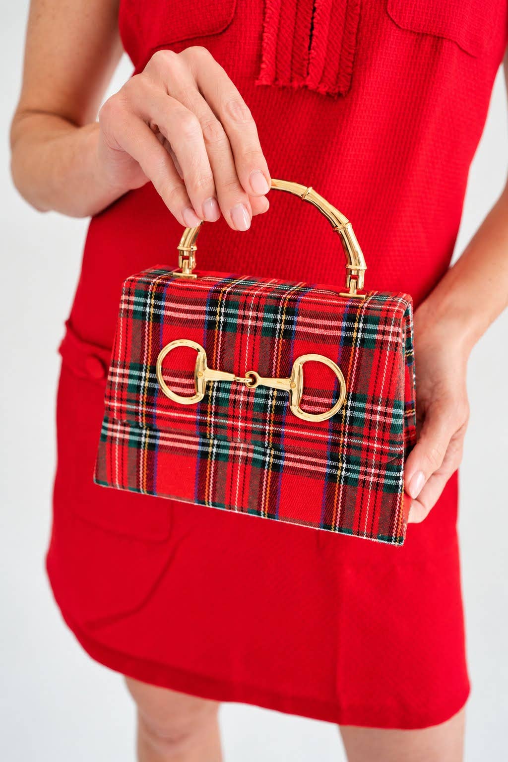 Red Plaid Lulu with Gold Bamboo Handle, Gold Charms