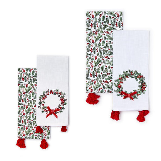 Merry Berry Set of 2 Dish Towels with Velvet Bow Accent and Tassels