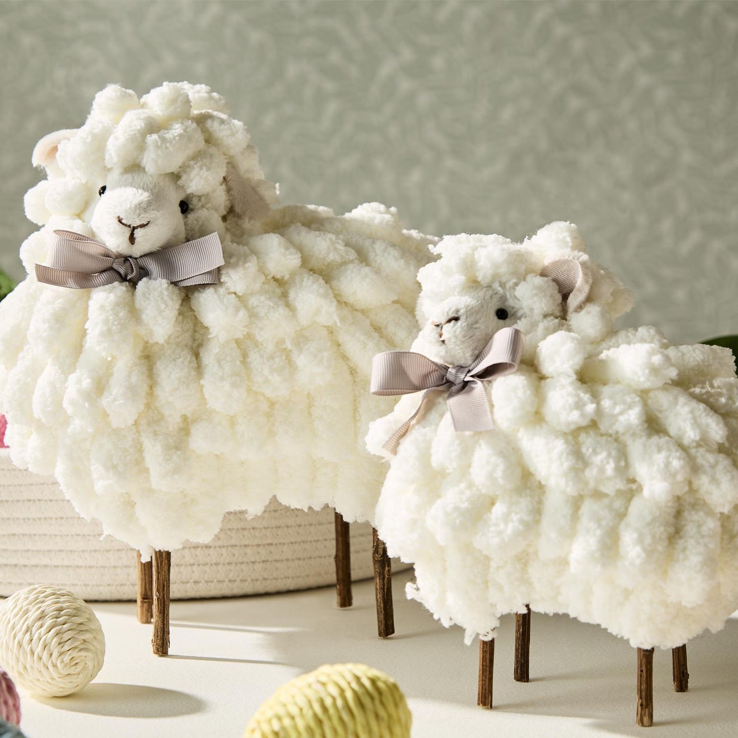 Flock of Plush Chenille Sheep Hand-Crafted Easter Décor with Grosgrain Bow