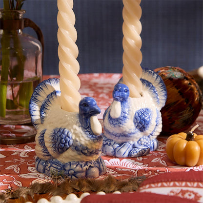 S/2, Blue and White Hand-Painted Turkey Candleholders