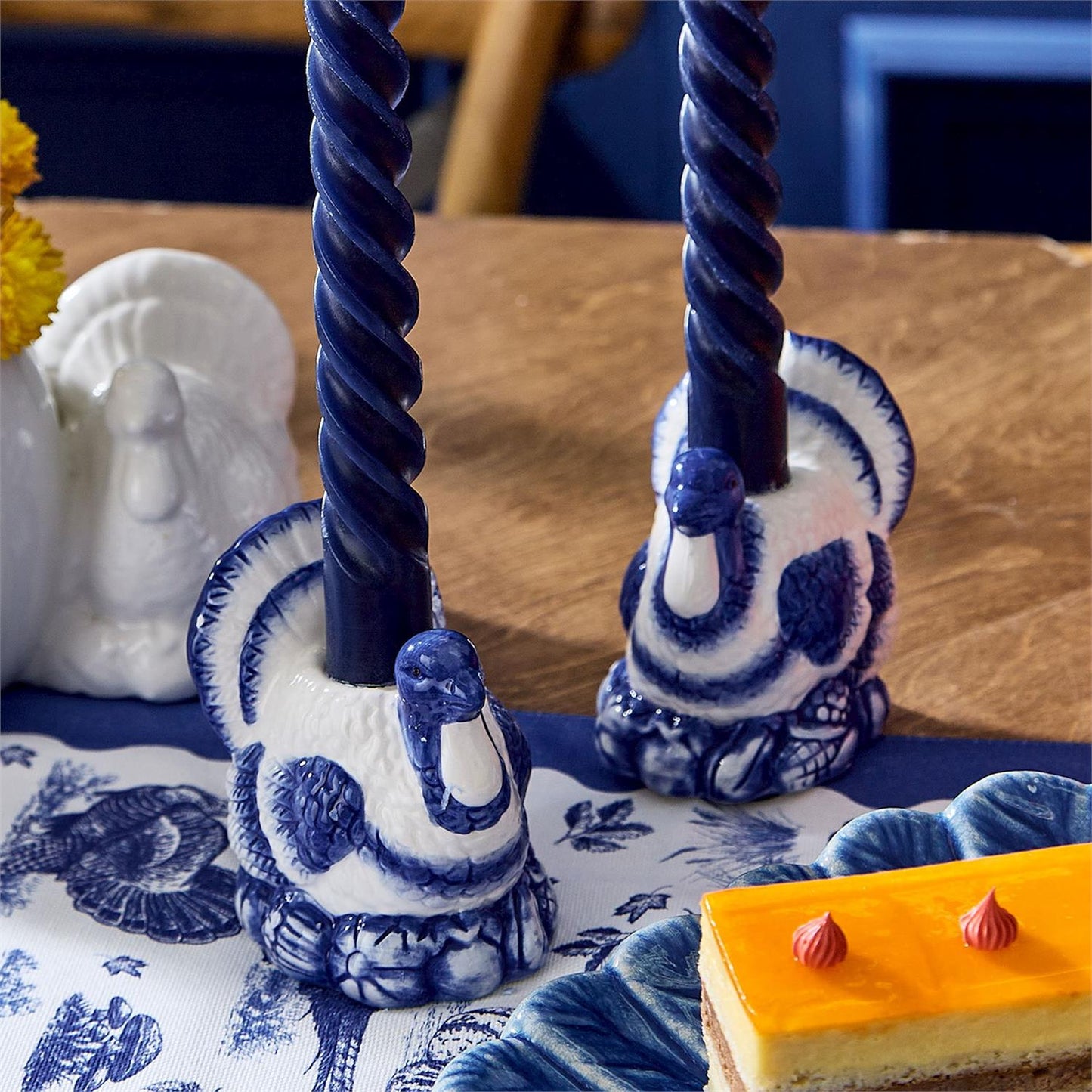 S/2, Blue and White Hand-Painted Turkey Candleholders