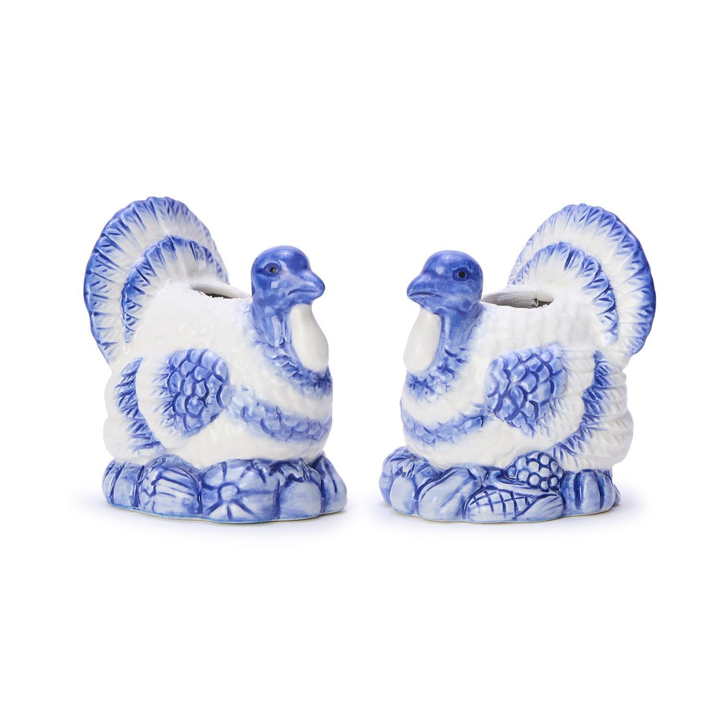 S/2, Blue and White Hand-Painted Turkey Candleholders