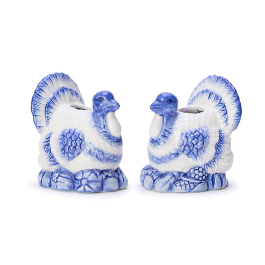 S/2, Blue and White Hand-Painted Turkey Candleholders